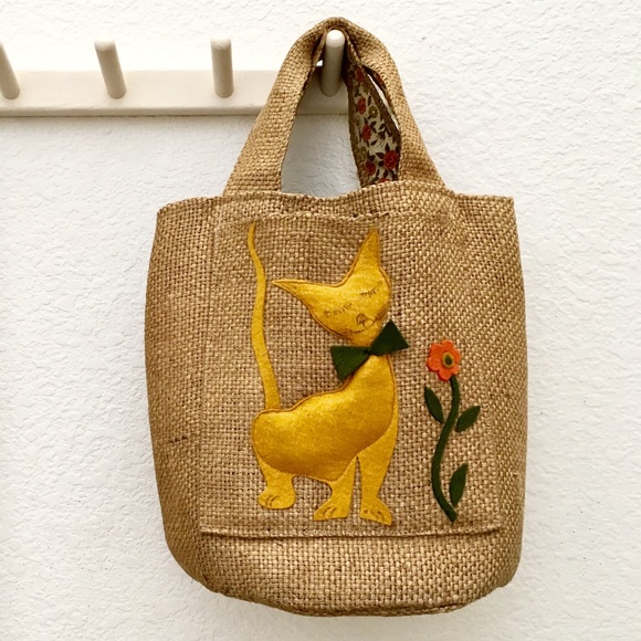 Vintage Handbags - Vintage Handmade Burlap Tote, Cat Appliqué, Lined